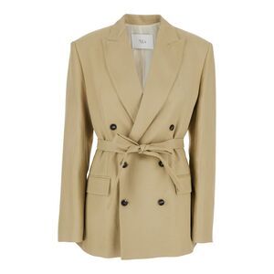 Tela Women Beige Double-Breasted Jacket With Peak Lapels In Tech Fabric Woman